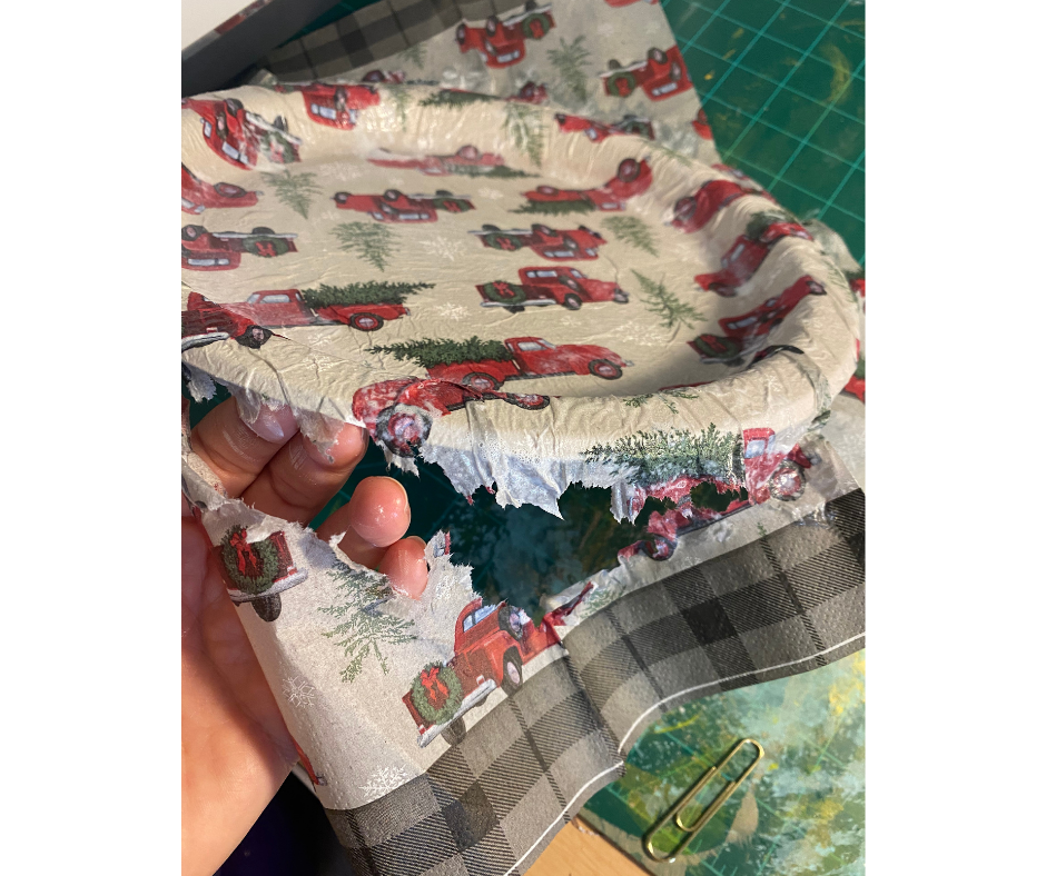 hand tearing napkin off of plate